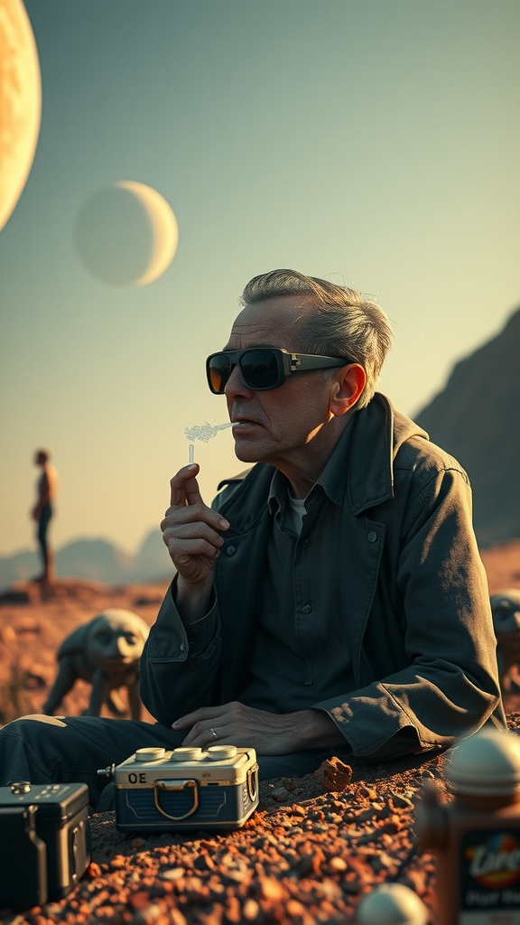 An elderly man sits contemplatively on a rocky terrain under a surreal sky featuring multiple moons. He wears oversized sunglasses and appears to be deep in thought, holding a small object in his hand. Surrounding him are vintage-looking camera equipment and scattered rocks, suggesting an exploration or a scientific endeavor on an alien landscape.