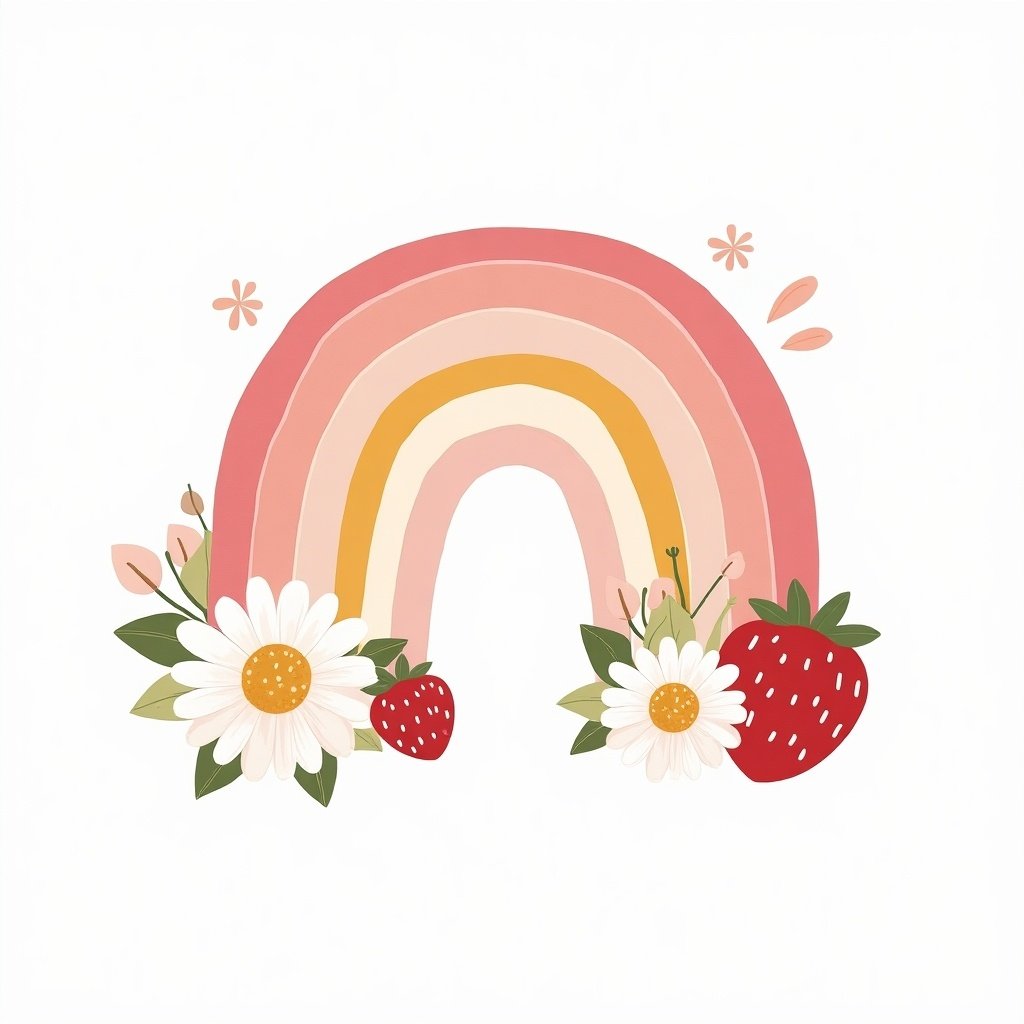 Illustration of a rainbow with pink and yellow stripes. Flowers and strawberries adorn both sides of the rainbow. Suitable for nursery decoration.