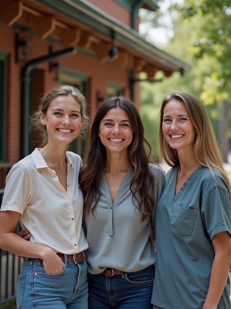 A warm photo of three women standing outdoors in a casual setting. They are dressed casually and smiling. The background features buildings and trees. Natural light enhances the friendly atmosphere.