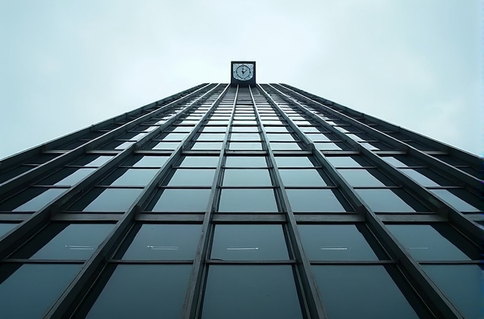 A towering modern building with a clock at its pinnacle, photographed from below against a cloudy sky, creating a dramatic perspective with symmetrical lines.