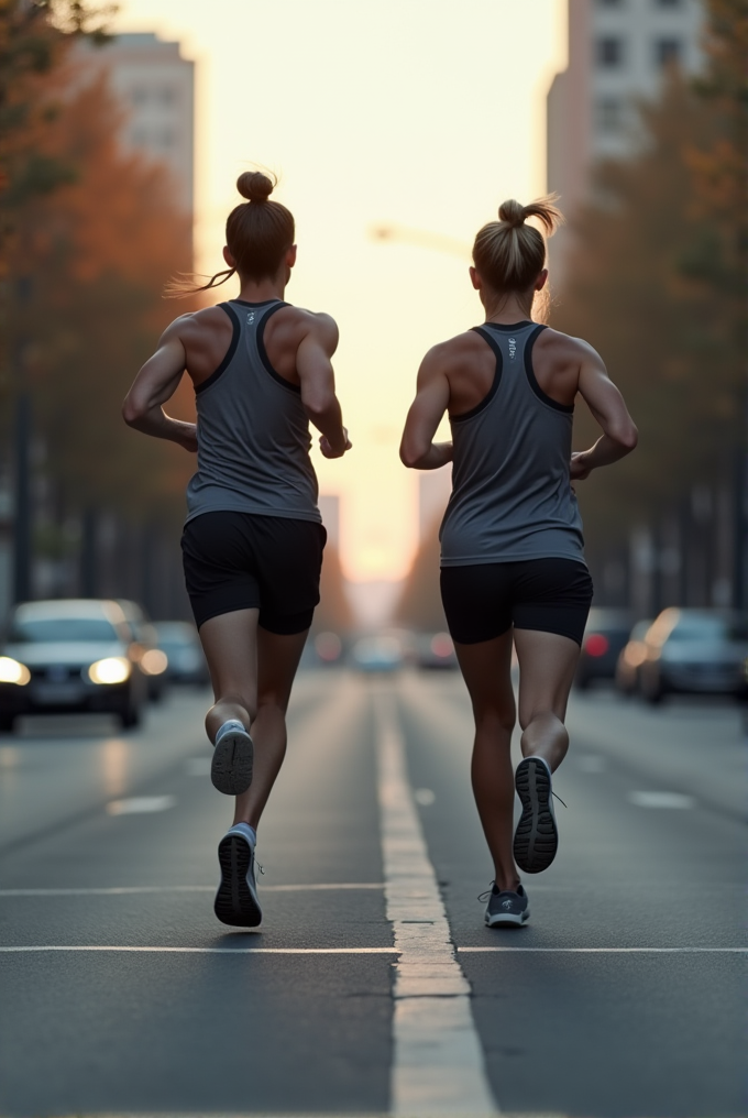 Two people jog down a city street at sunset, highlighting athleticism amidst urban serenity.