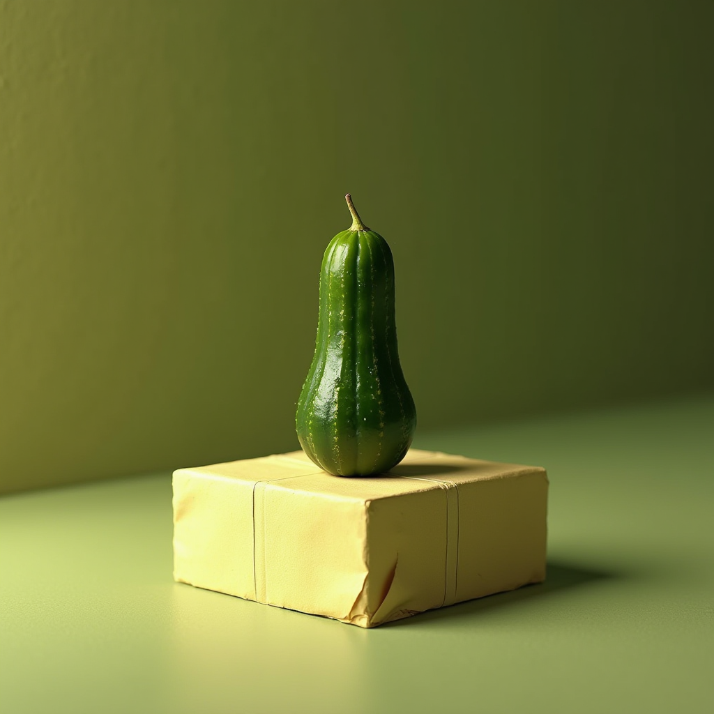 The image features a still life composition with a single cucumber placed atop a yellow rectangular block, resembling a wrapped package. The cucumber is vibrant green, elongated, and has a slightly bumpy texture. The background is also green, creating a harmonious yet contrasting backdrop with the yellow block. The lighting emphasizes the textures and colors, casting soft shadows around the objects. The overall tone of the image is calming and minimalist, focusing on the simple, yet visually striking juxtaposition of colors and shapes.