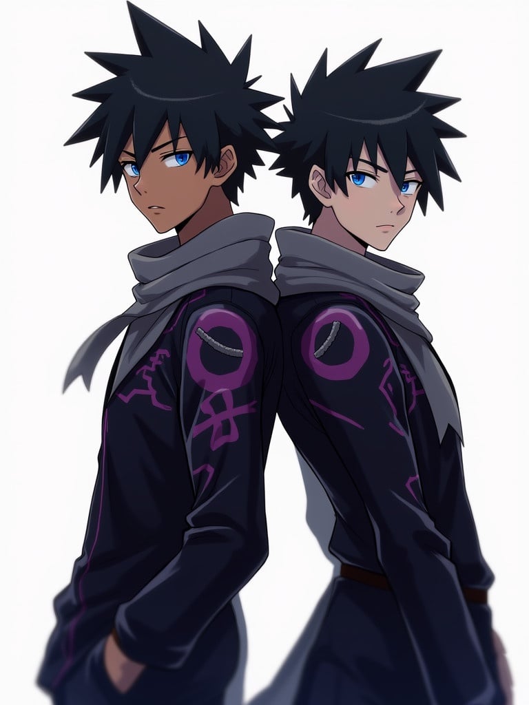 Spikes black hair male character standing back-to-back with another character. Bright blue almond-shaped eyes. Wearing a black and purple jacket with edgy design. Gray neck scarf. Serious gaze. Clean and minimalistic scene. Polished anime style.