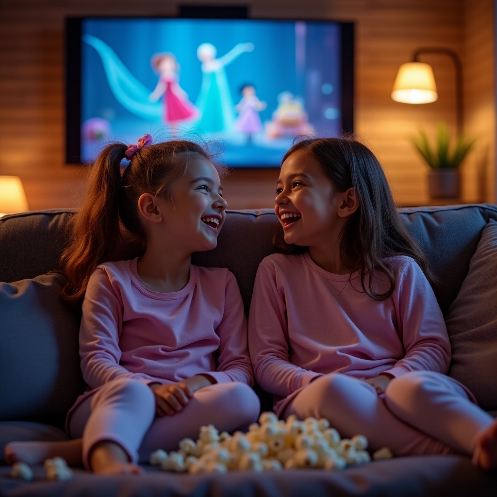 The image shows two young girls sitting on a comfortable couch, laughing joyfully as they watch a Disney movie together. The younger girl has long, dark hair tied back in a ponytail, while the older one has loose waves. They're dressed in matching pink pajamas and are surrounded by scattered popcorn on the couch. In the background, a large TV screen displays a scene from a colorful animated movie, contributing to the cheerful atmosphere of a cozy family movie night.