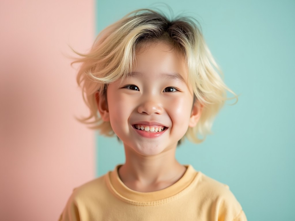 A fresh-looking Korean child with blonde hair styled in a slightly messy, shorter cut. The child is smiling brightly, showcasing a youthful exuberance. The background is divided into pastel pink and teal colors, creating a cheerful vibe. Soft, natural lighting enhances the child's features, making for a warm portrait. The child's outfit is simple and casual, adding to the relaxed feel of the image.