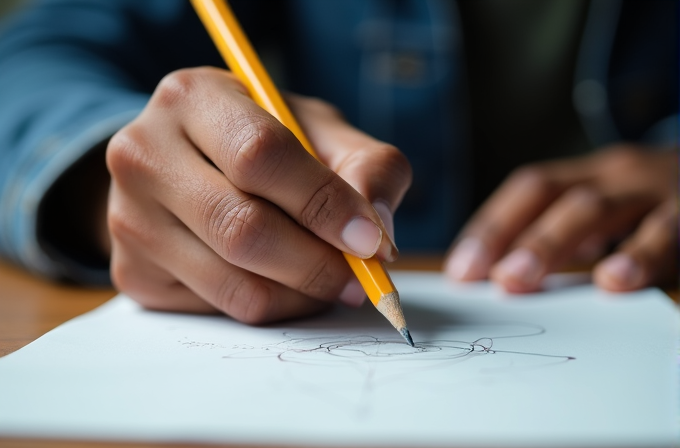 A close-up of a person drawing with a pencil on white paper, focusing on the hand and intricate lines.