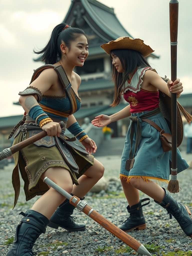 Two cosplayers engaging in a playful combat scene outside a traditional Japanese building, armed with elaborately designed staves.