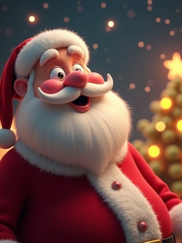 Animated Santa Claus with playful kissing action. Santa leans forward, puckering lips, blowing a kiss. Rosy cheeks glowing with cheer. Background with twinkling lights, snowflakes, glowing tree. Classic red suit enhancing charm. Smooth animation for joyful effect.