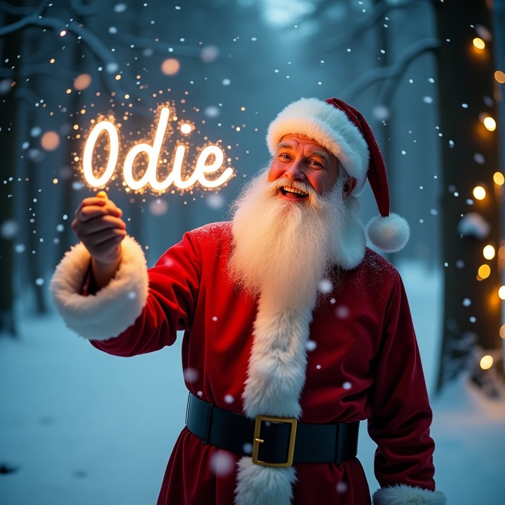 Santa Claus in a snowy forest during Christmas time, joyfully using a glow stick to write 'Odie' in the air, soft snowflakes falling, warm lights from trees, traditional outfit with red coat and white fur trim, joyful expression radiating holiday cheer.