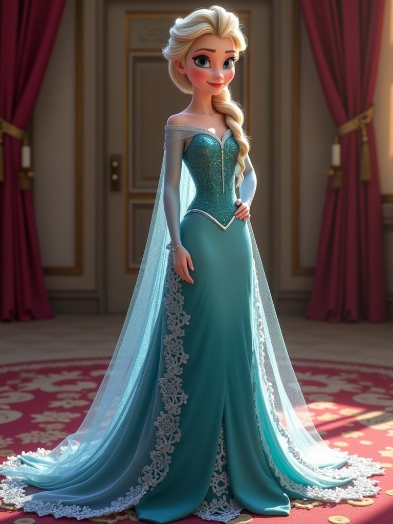 Elsa in her coronation dress with intricate details. Majestic gown with flowing cape and ornate design in a regal setting.