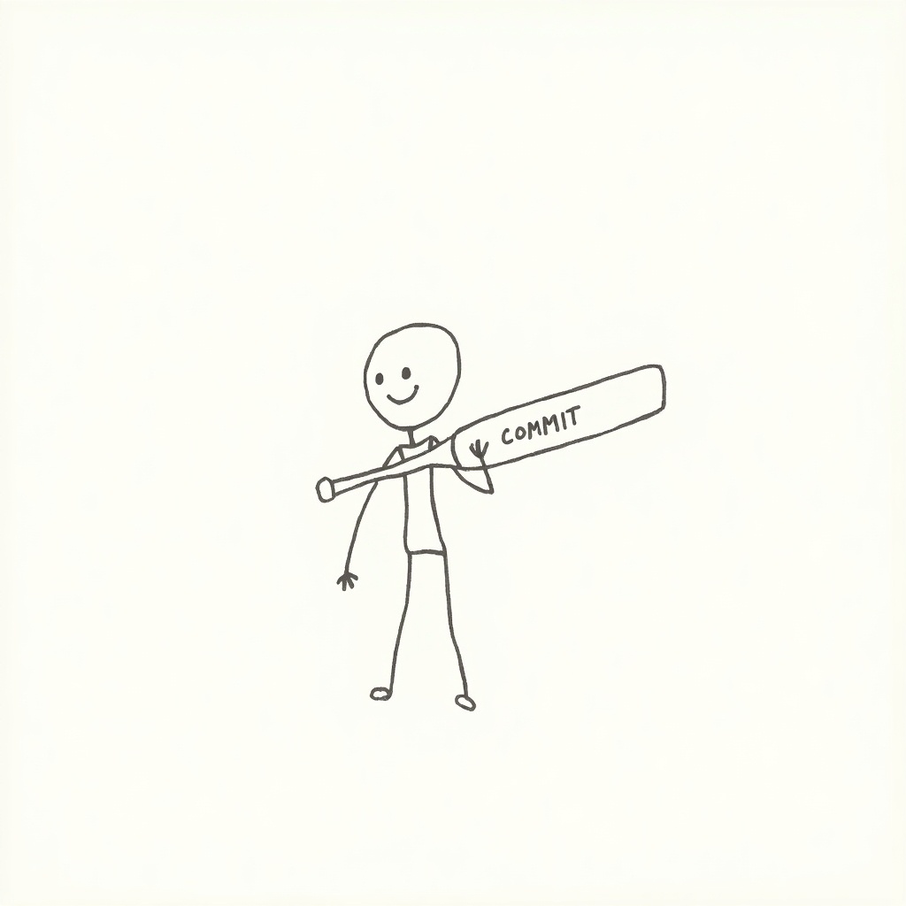 Doodle of a stick figure with a round head. Figure smiles and holds a bat labeled 'COMMIT'. Minimalistic design uses basic lines and shapes. Theme is commitment and motivation.