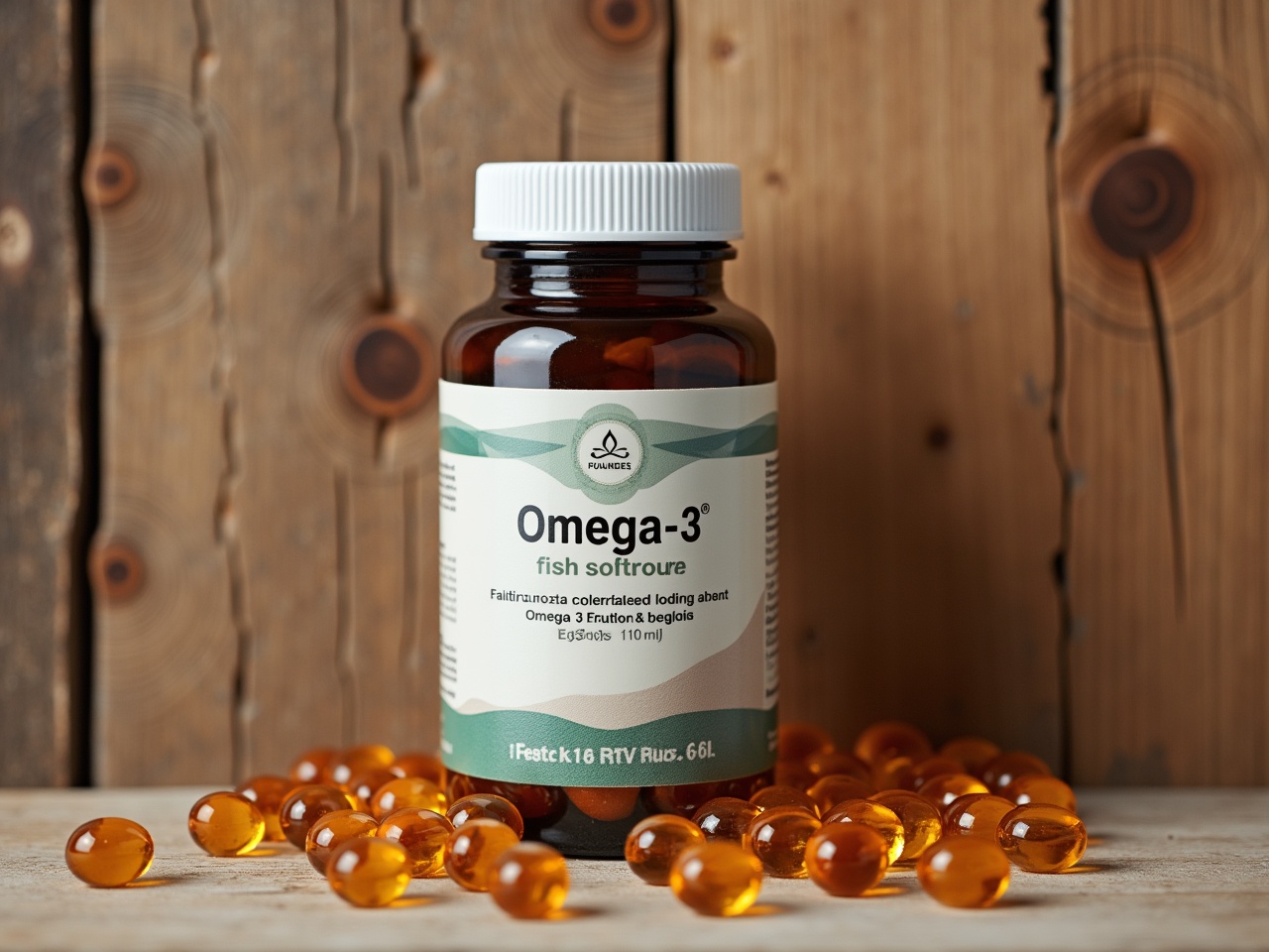 A rustic, natural wood background with a raw, unpolished texture provides a striking contrast to a finely crafted omega-3 vitamin bottle. The bottle features clear labeling and a sleek design, showcasing its contents. Around the bottle, omega-3 fish oil softgels are scattered, adding a vibrant touch of color against the wood. The softgels have a glossy appearance, reflecting light beautifully. This composition highlights the health benefits of the product while emphasizing a natural aesthetic.