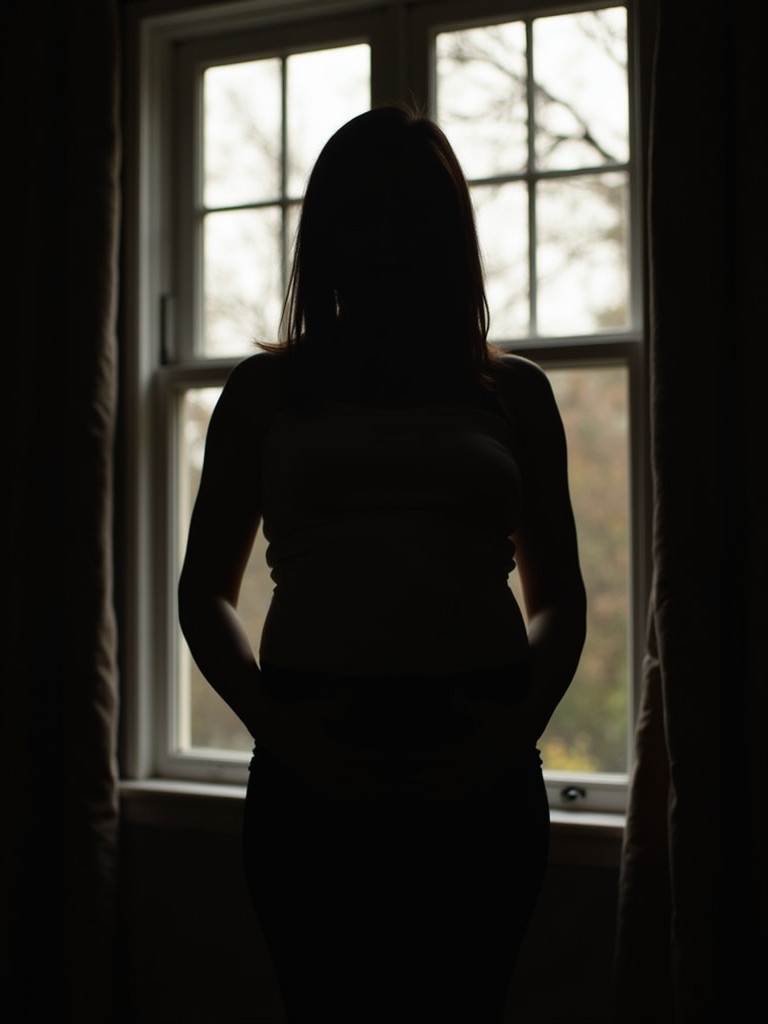 Silhouette of a pregnant woman in front of a window. Woman holds her belly. Soft light filters throughwindow. Focus on woman's outline. Background is blurred. Shadows create a serene atmosphere.