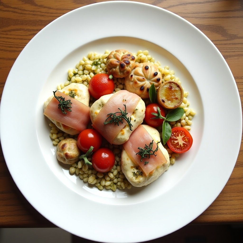 An elegant main course plate features chicken caprese medallions. The medallions are wrapped in prosciutto. Accompanying the medallions is parmesan-lemon risotto. A parmesan tuille adds texture to the dish. Roasted cherry tomatoes are placed alongside. Balsamic and pesto cream drizzle is artistically applied over the ingredients.