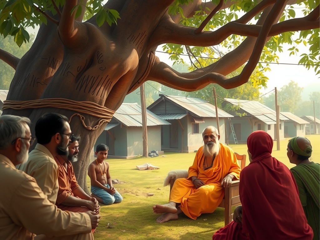 A serene gathering with a sage under a large tree in a peaceful village setting.