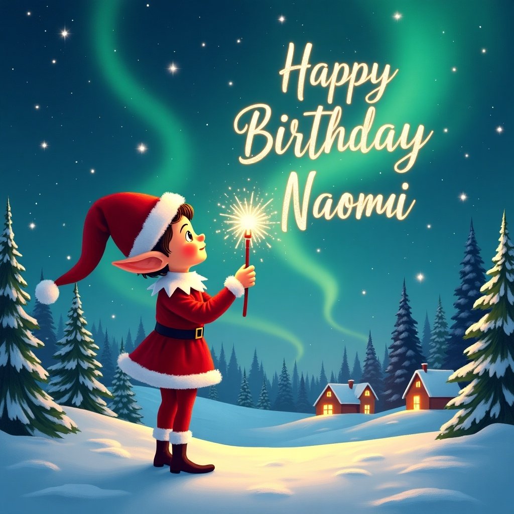 An elf gazes at a magical sky. The elf wears a red outfit and holds a sparkling wand. The elf writes 'Happy Birthday Naomi' in the sky. Background shows snowy landscape with houses and evergreen trees under Northern Lights. Scene captures childhood magic and Christmas cheer.