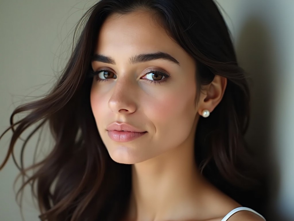 The image portrays a young woman with a serene expression, adorned in subtle makeup. Soft lighting casts gentle shadows, adding depth to her complexion. Her flowing dark hair frames her face beautifully. A delicate pearl earring adds a touch of sophistication. This portrait captures both elegance and simplicity in a calm atmosphere.