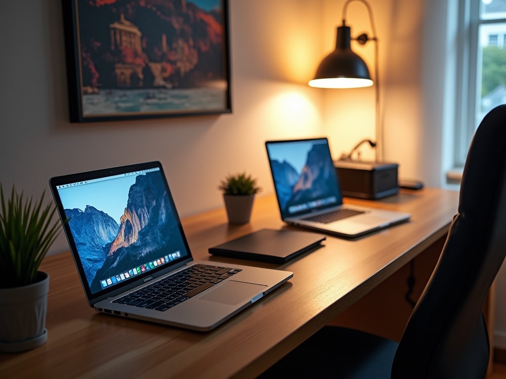 A modern home office setup with two laptops on a wooden desk, potted plants, and a desk lamp creating ambient lighting.