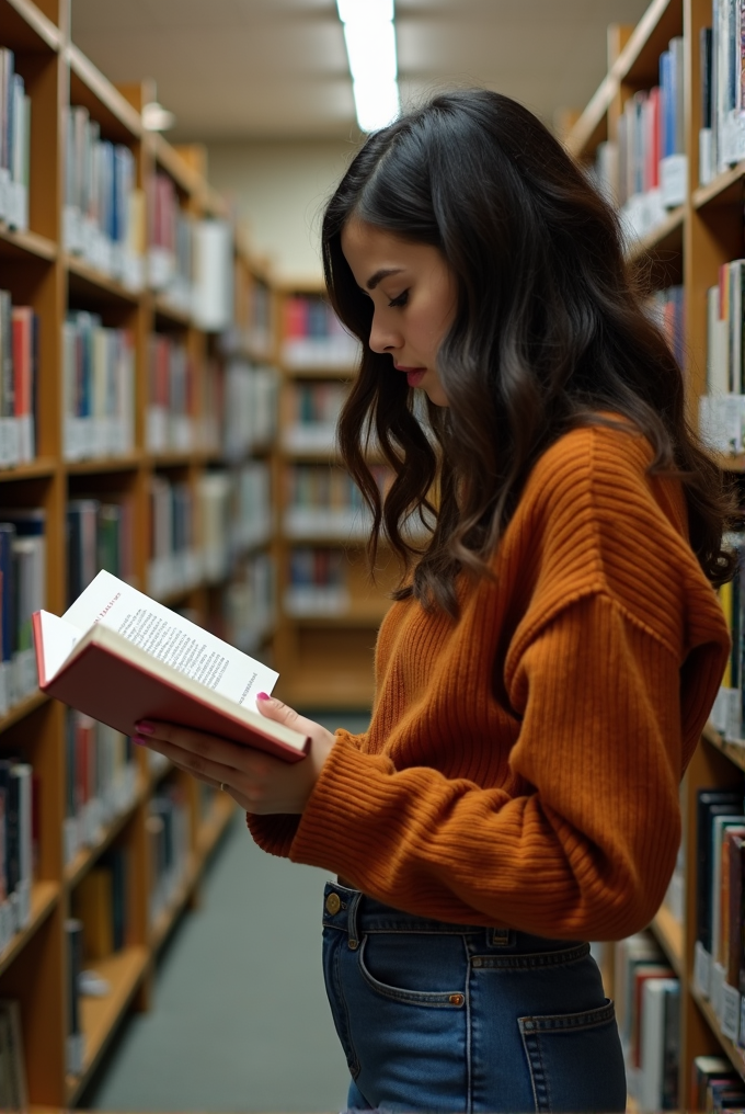 A person is reading a book in a library aisle surrounded by shelves filled with books.