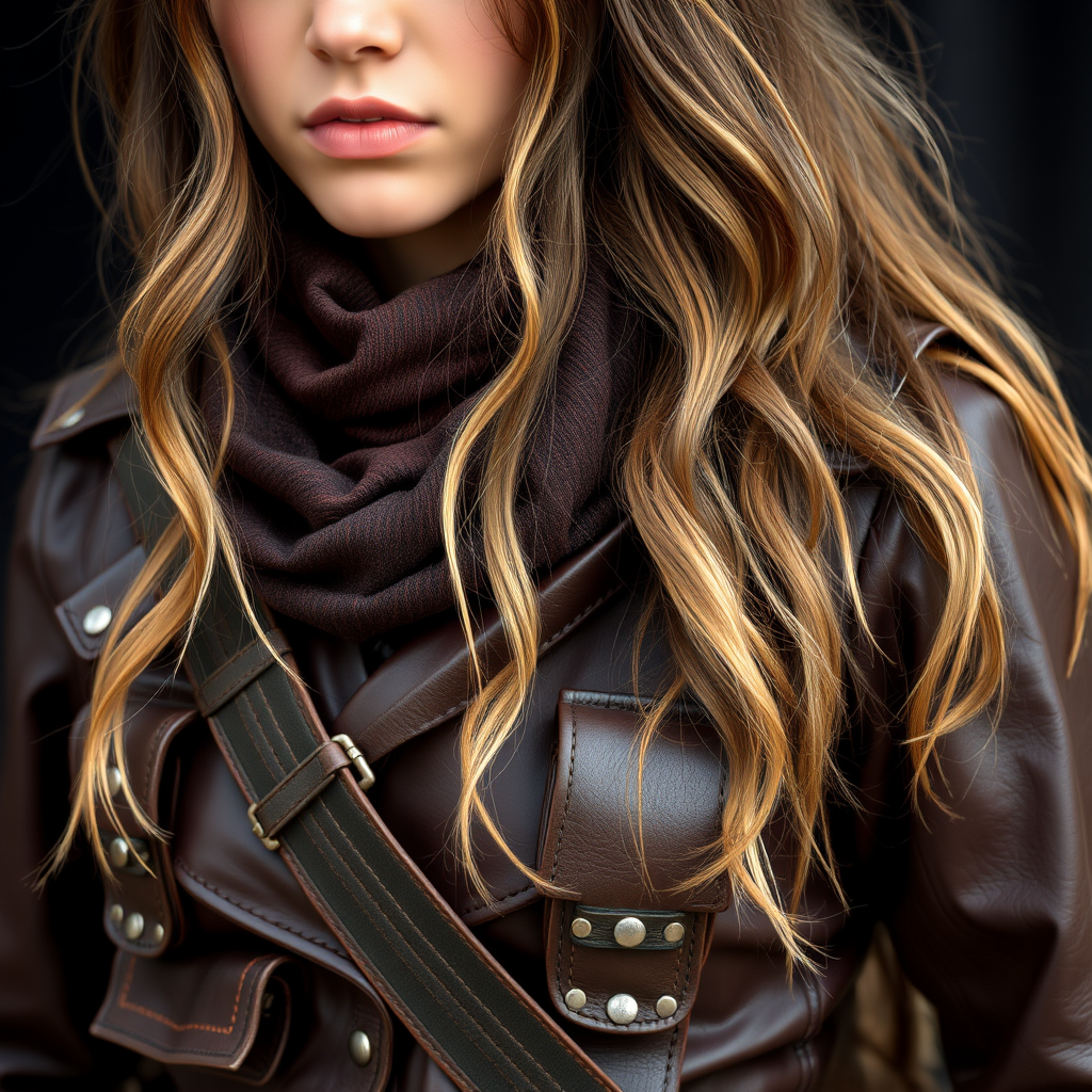 A person with wavy blonde hair wears a brown leather jacket and matching scarf.