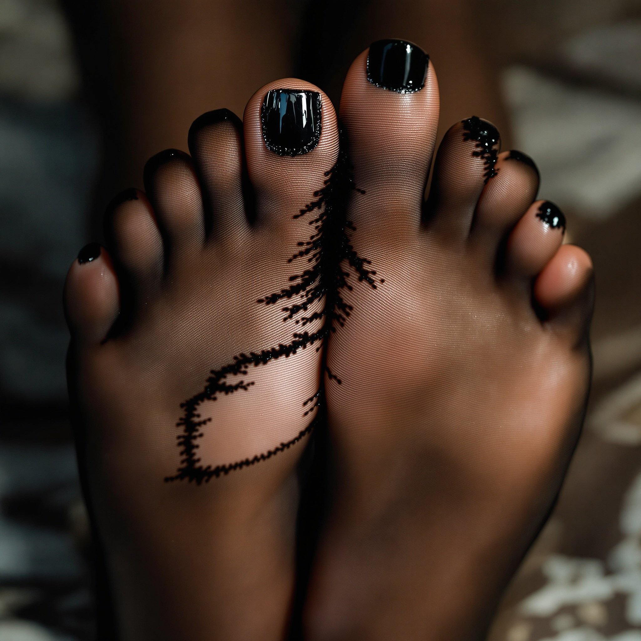 High-contrast macro close-up of a woman’s feet wearing sheer black pantyhose with rips. Bold black nail polish visible on toes. Softly lit background emphasizes texture.