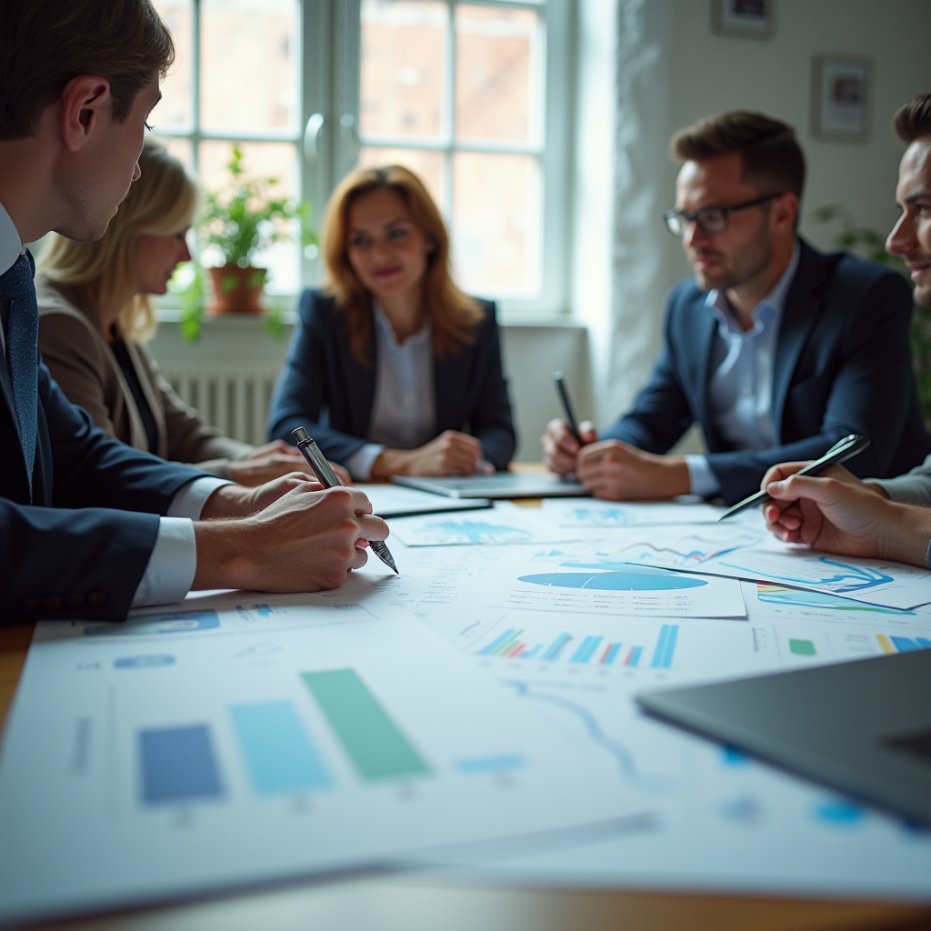 A group of professionals in suits discussing charts and graphs around a table in a well-lit office.