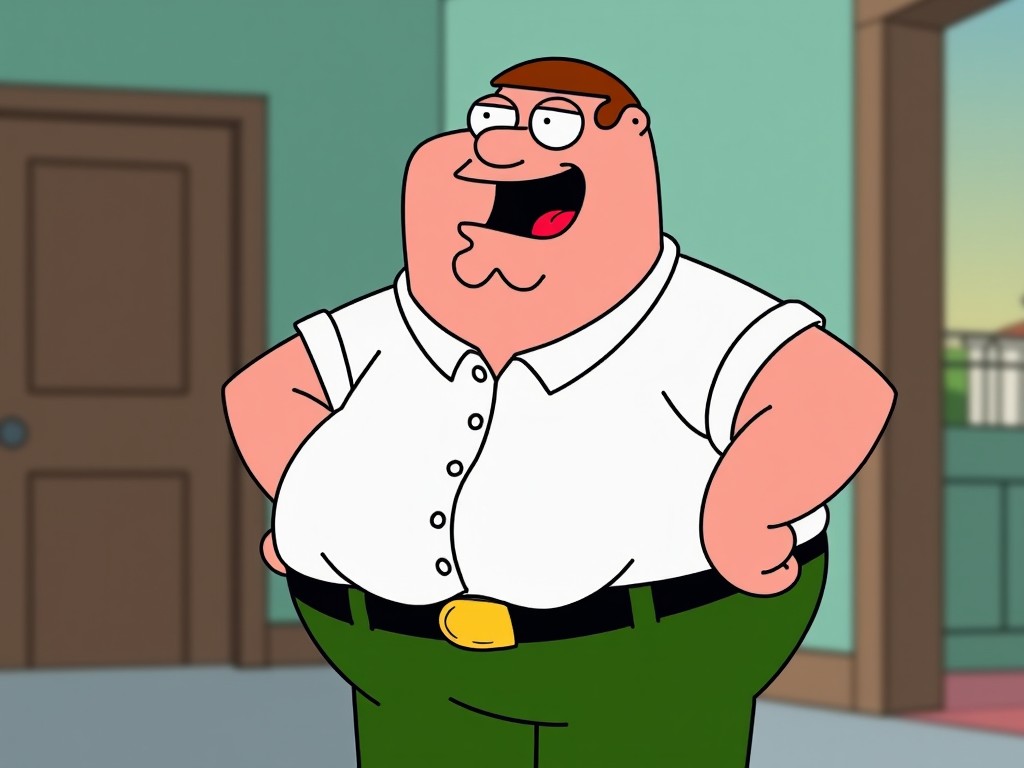 The image features a cartoon character named Peter Griffin from the popular animated series 'Family Guy'. He is standing with a cheerful expression, showcasing his signature playful personality. Peter has a round body and is wearing a white shirt with gray pants. The background suggests a typical indoor scene with a door and soft colors. This scene conveys humor and captures the essence of the character well.