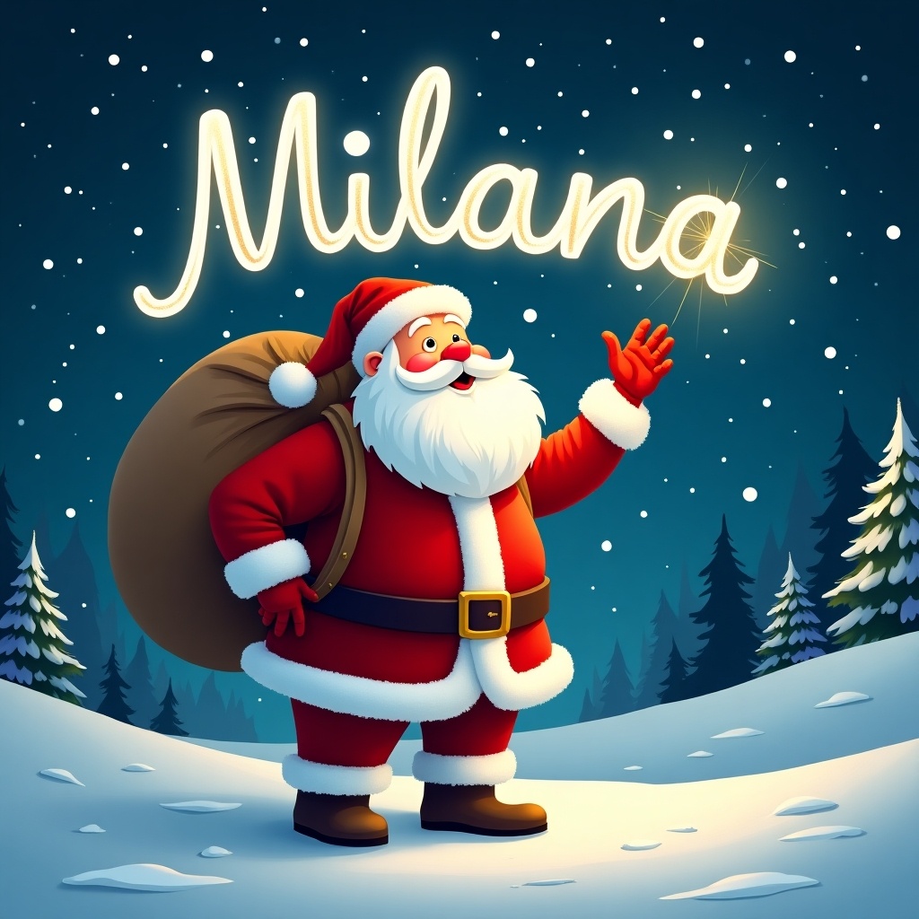 A cheerful Santa Claus stands in a snowy landscape, writing the name 'Milana' in the night sky with a magical light. He wears a traditional red suit with white trim and carries a large sack on his back. The background features a starry night sky filled with sparkling stars. Snowflakes gently fall around him, creating a warm and festive atmosphere. Pine trees are visible in the distance, enhancing the winter wonderland feel. This scene invites joy during the holiday season.