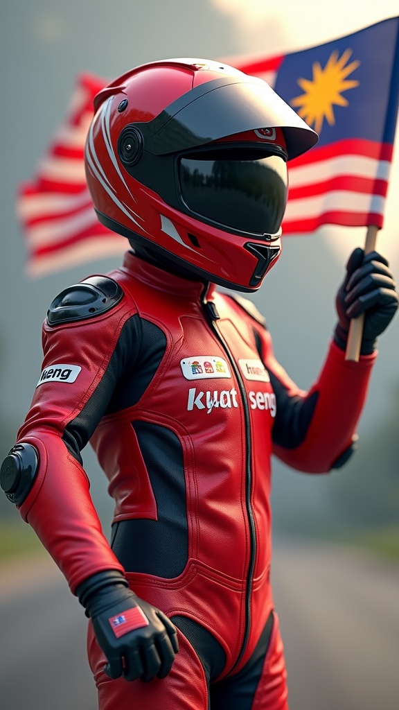 The image showcases a motorcycle racer dressed in a striking red racing suit and helmet, holding the Malaysian flag proudly. The backdrop is slightly blurred, emphasizing the racer and the flag, creating a sense of motion and focus on national pride. The lighting highlights the vibrant colors of the suit and flag, evoking a sense of energy and patriotism.