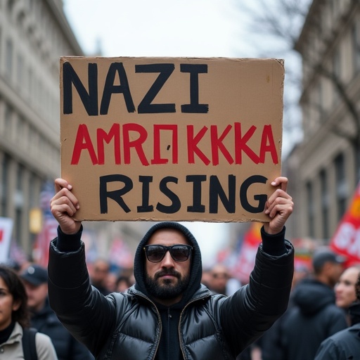 Protester stands in urban setting. Demonstration sign is held high. The sign has bold text stating Nazi Amerikkka Rising.