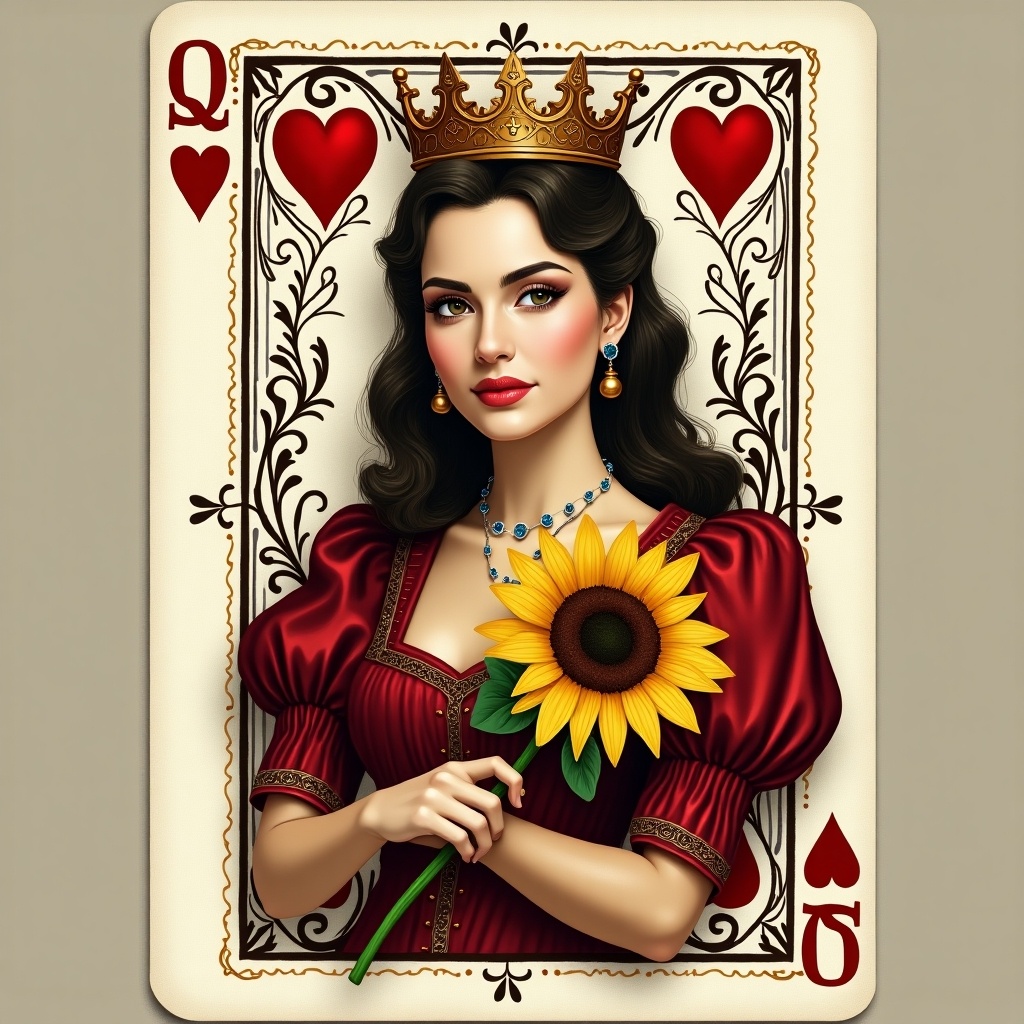 Design a traditional style Queen of Hearts playing card. Feature the Queen in the center with a decorative border. Highlight her elegant expression and attire with a sunflower. Maintain an ornate aesthetic with hearts and floral motifs in the background.