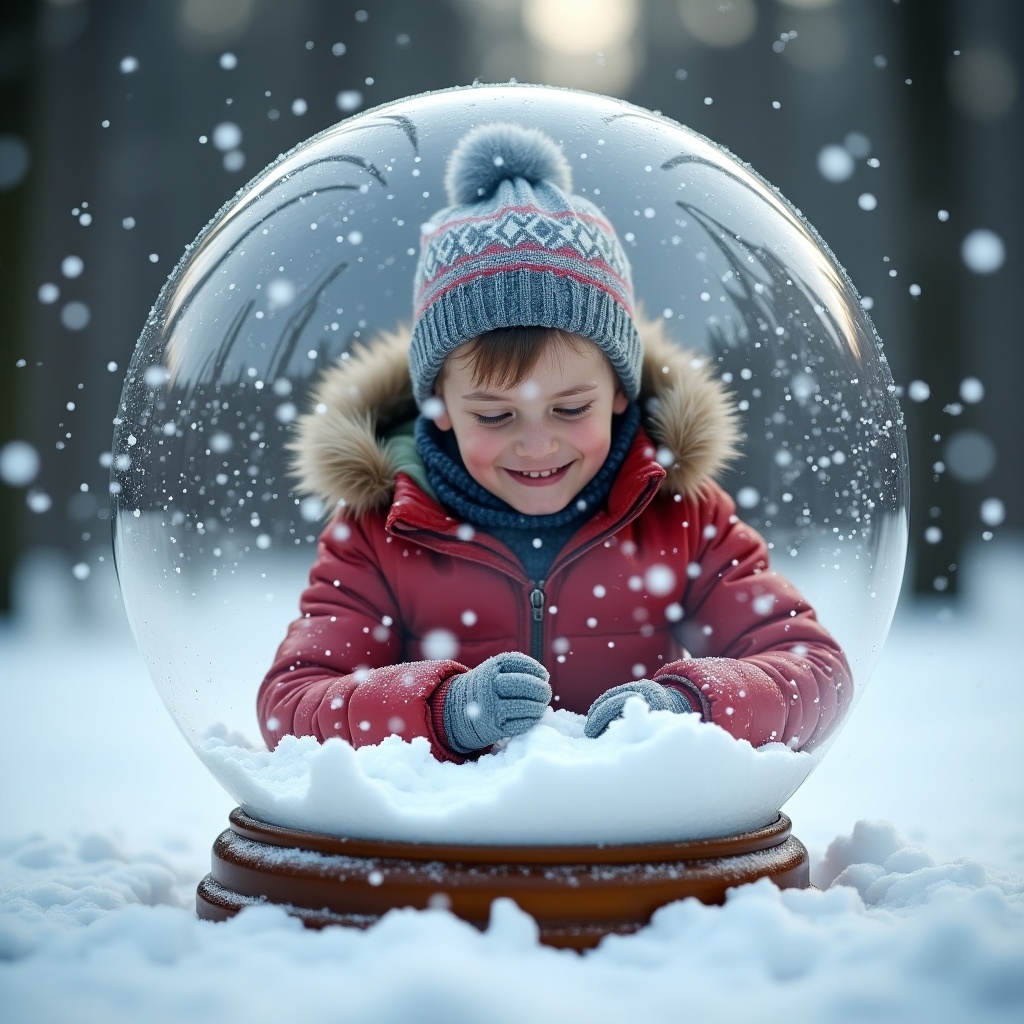 Student in snow globe playing with snow. Child in a red jacket and knitted hat seated in a snow globe with snow falling around. Winter scenery and festive atmosphere.