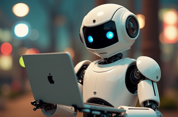 A futuristic robot engrossed in activities on a laptop, set against a vibrant, blurred cityscape.