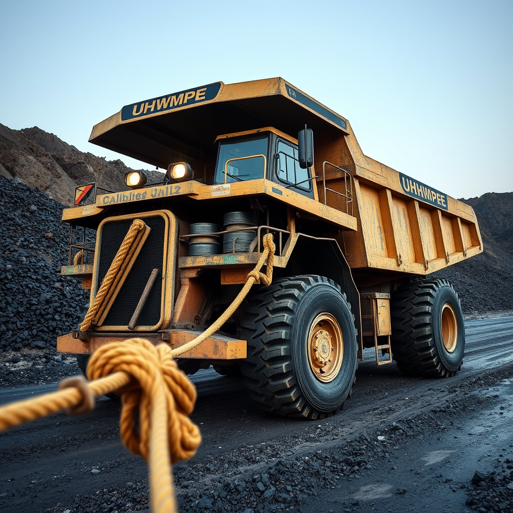 A large yellow dump truck is parked on a gravel road, with a thick rope tied in a knot at the front.