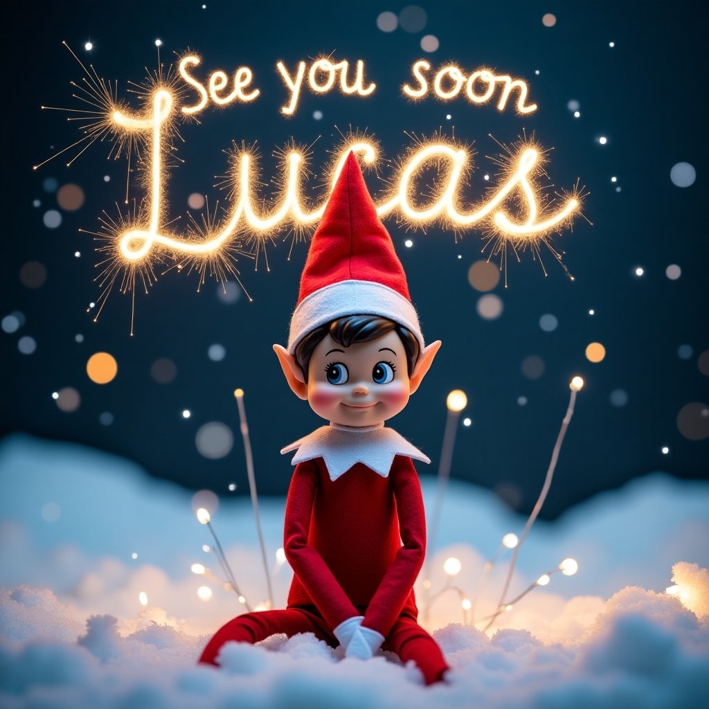 Create a picture of Elf on the Shelf in snowy scenery at night with text in the sky using sparklers.