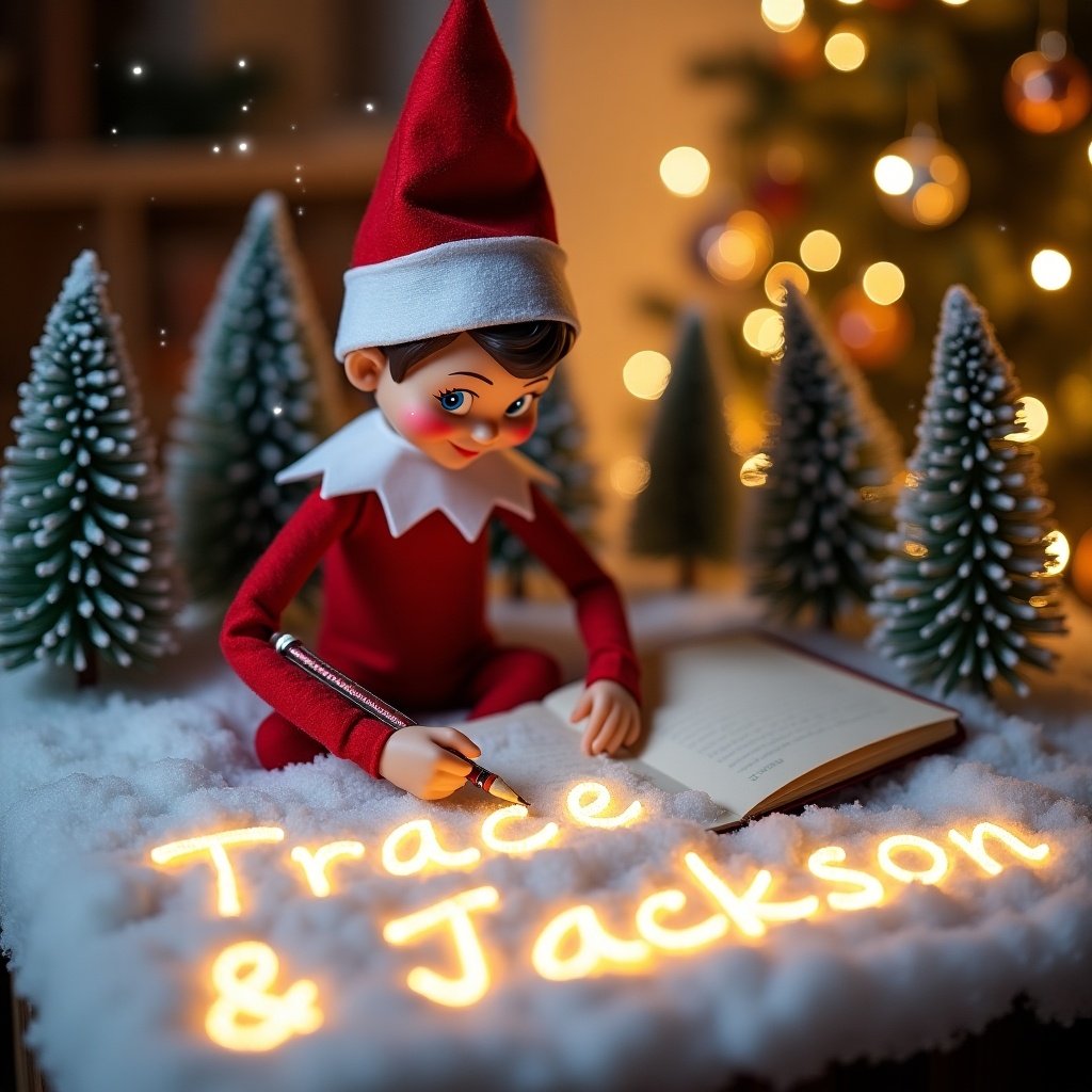 Elf on the Shelf at a small table covered in snow. Elf writing in a book with a pencil. Small evergreen trees in the background. Twinkling lights creating a magical atmosphere. Cheerful, focused appearance. Dressed in red and white attire. Rosy cheeks. Names 'Trace & Jackson' illuminated in glowing lights. Snowflakes gently falling, enhancing the scene. Festive holiday cheer in the background. Warm, enchanting atmosphere of Christmas spirit.