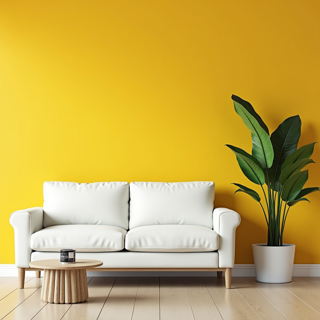 A minimalist living room with a white sofa against a vibrant yellow wall, a round wooden coffee table, and a lush green potted plant.