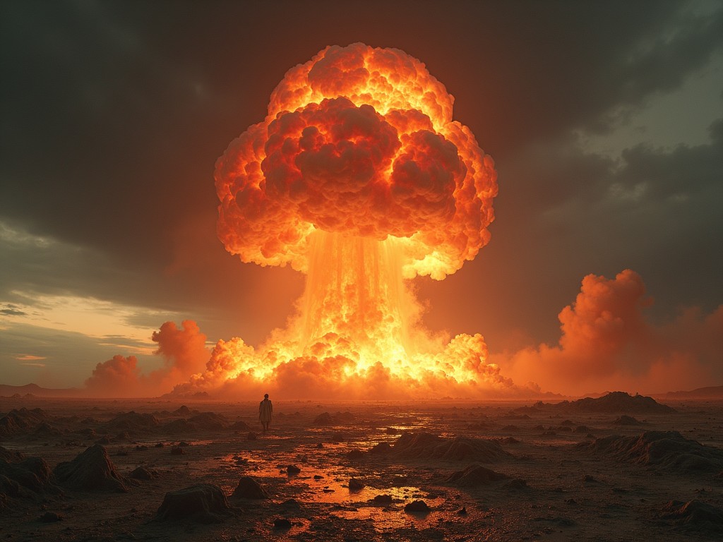 This image depicts a dramatic nuclear explosion in a desolate landscape. The scene features a massive mushroom cloud billowing into the sky, illuminated in vivid oranges and reds. The foreground shows a lone figure standing amidst the devastation, emphasizing the enormous scale of the explosion. Dark clouds loom ominously in the backdrop, creating a stark contrast with the fiery explosion. The overall atmosphere evokes feelings of chaos and despair, characteristic of apocalyptic scenarios.