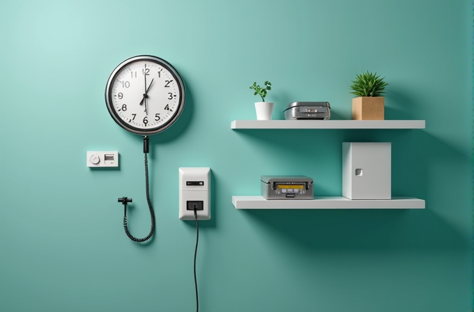 A teal wall adorned with a vintage clock, shelves with a plant, a clocking device, and a small electronics setup.