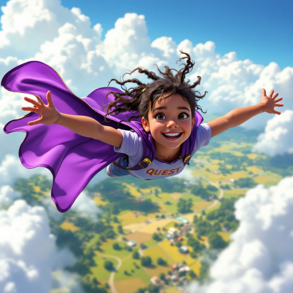 5 year old Latin girl flying at low altitude. She wears a purple cape. Magical fields are below. She looks happy and confident. Shirt says quest.