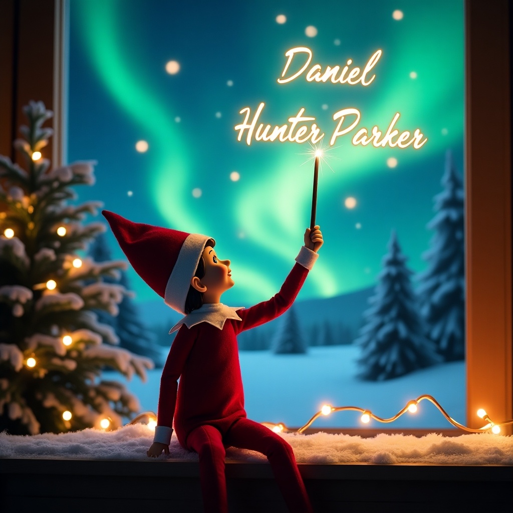 An enchanting Christmas scene featuring an elf on the shelf, who is facing the sky with his back to the viewer. The elf is dressed in vibrant red and white, holding a magic wand and writing glowing names in the air. The background features colorful northern lights, creating a magical ambiance. The snow-covered window sill and Christmas tree add a festive touch. This whimsical scene captures the joy and excitement of the holiday season, evoking a sense of wonder in viewers.