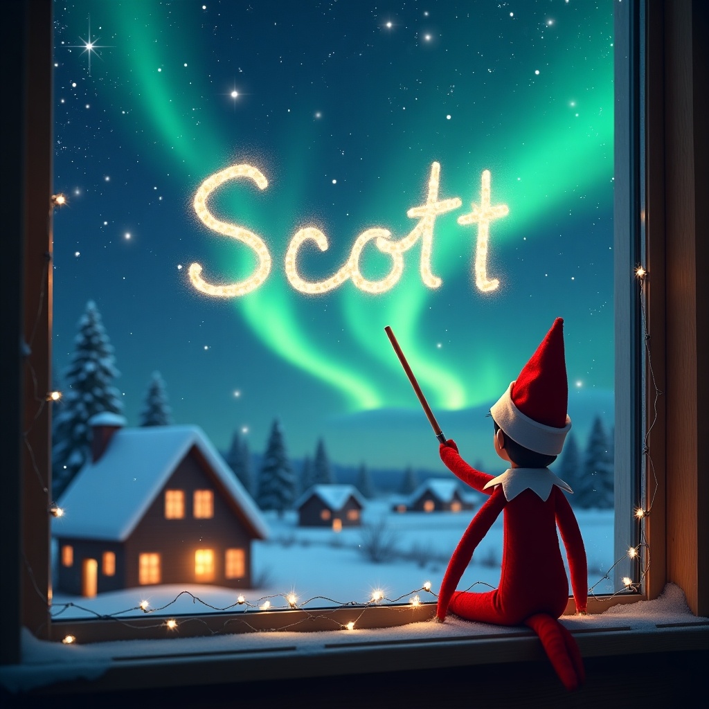 In this magical Christmas scene, an elf on the shelf is seen from behind, sitting on a window ledge and facing a breathtaking night sky. The elf is wearing a classic red outfit and a pointed hat. With a wand in hand, the elf is skillfully writing the name 'Scott' in the sparkling sky. The background is filled with beautiful northern lights and twinkling stars, creating a mesmerizing atmosphere. Below, quaint houses with warm lights dot the snowy landscape.