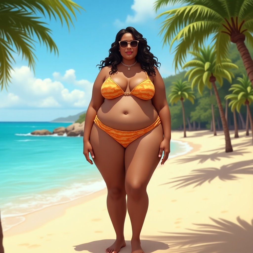 Full body image of a woman standing on a beach. She is wearing an orange bikini. The background features a tropical scene with palm trees and a clear blue ocean. The atmosphere is bright and sunny.