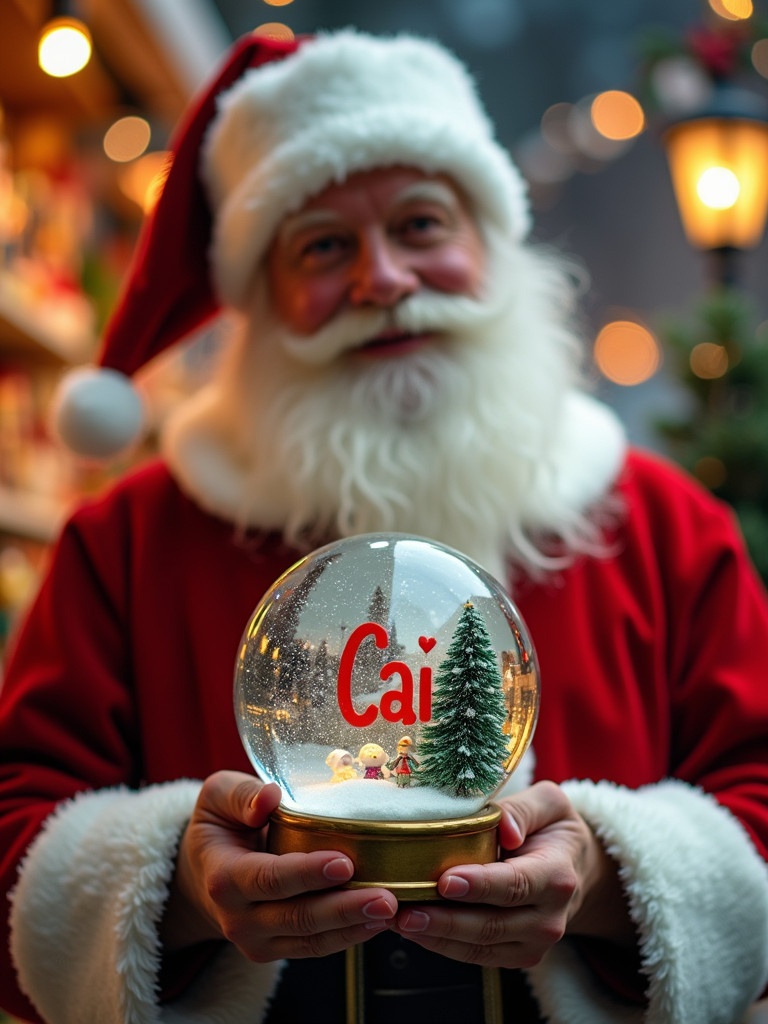 Christmas scene features Santa Claus in red and white suit holding a snow globe. Snow globe contains the name Cai. Background shows a toy shop with festive decorations and glowing lights.