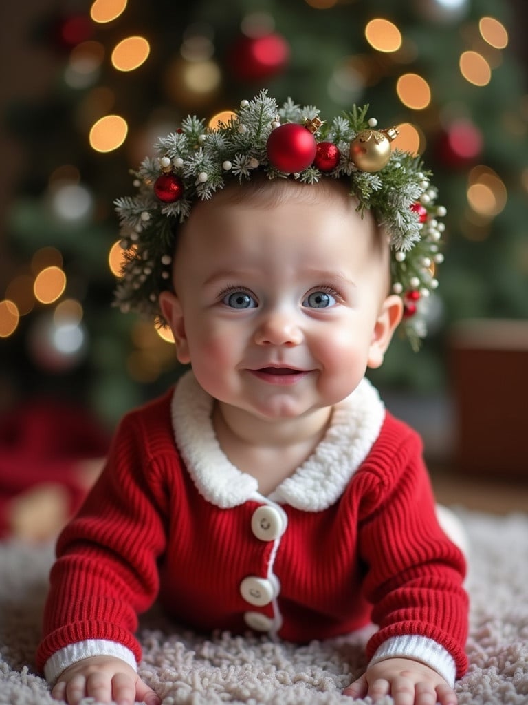 Christmas photo of a baby. Baby wears a red outfit with a white collar. Baby is crawling on a cozy rug in a decorated room with a Christmas tree in the background.