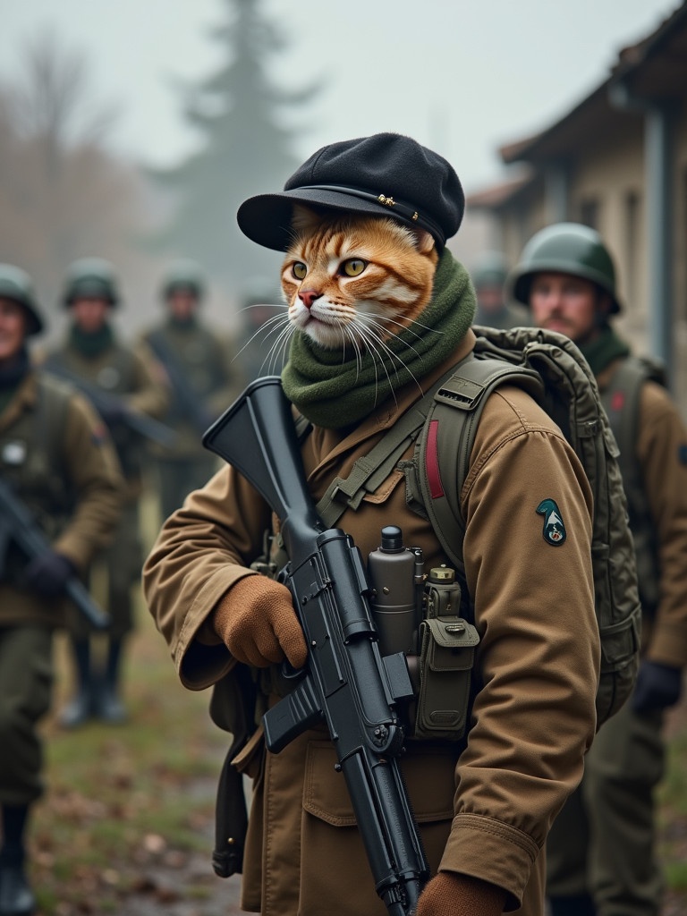 Soldiers in a military training area. One soldier carries a rifle and wears a military uniform with a scarf. Background includes additional soldiers in similar attire.