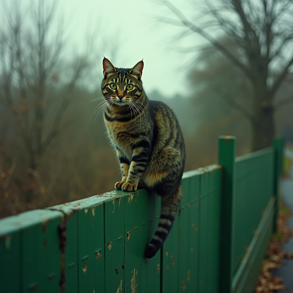 A striped cat sits on a green fence with a misty background.