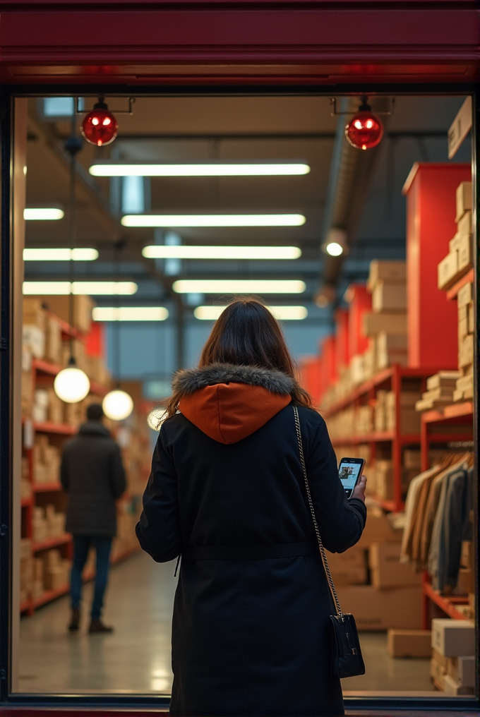 A person in a coat with a fur-lined hood browses on their phone while standing at the entrance of a well-lit store aisle filled with boxes and products.