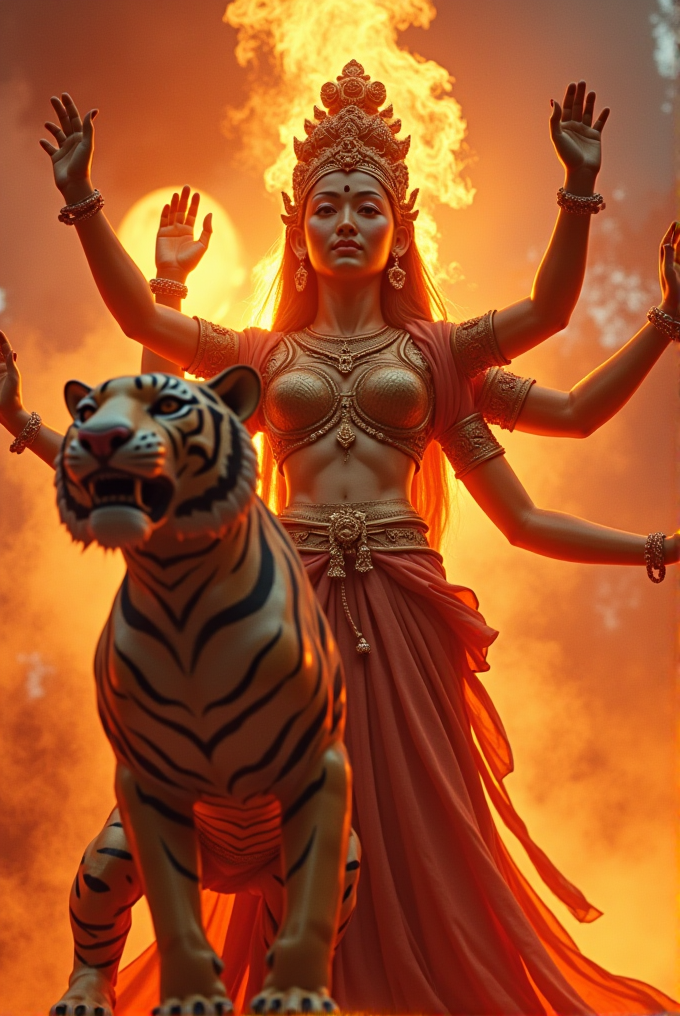 A multlimbed goddess in an ornate golden headdress stands beside a fierce, snarling tiger against a fiery background.