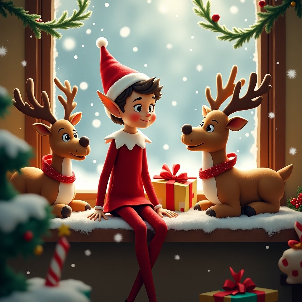 A cheerful elf sits between two playful reindeer by the window. The scene is festive with gifts and snow outside. Holiday decorations fill the room.